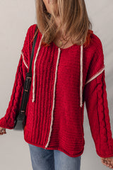 Racing Red Color Contrast Trim Textured Knit Drawstring Hooded Sweater Sweaters JT's Designer Fashion