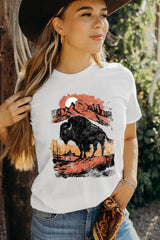 White Western Buffalo On Plains Graphic Crew Neck Tee Graphic Tees JT's Designer Fashion