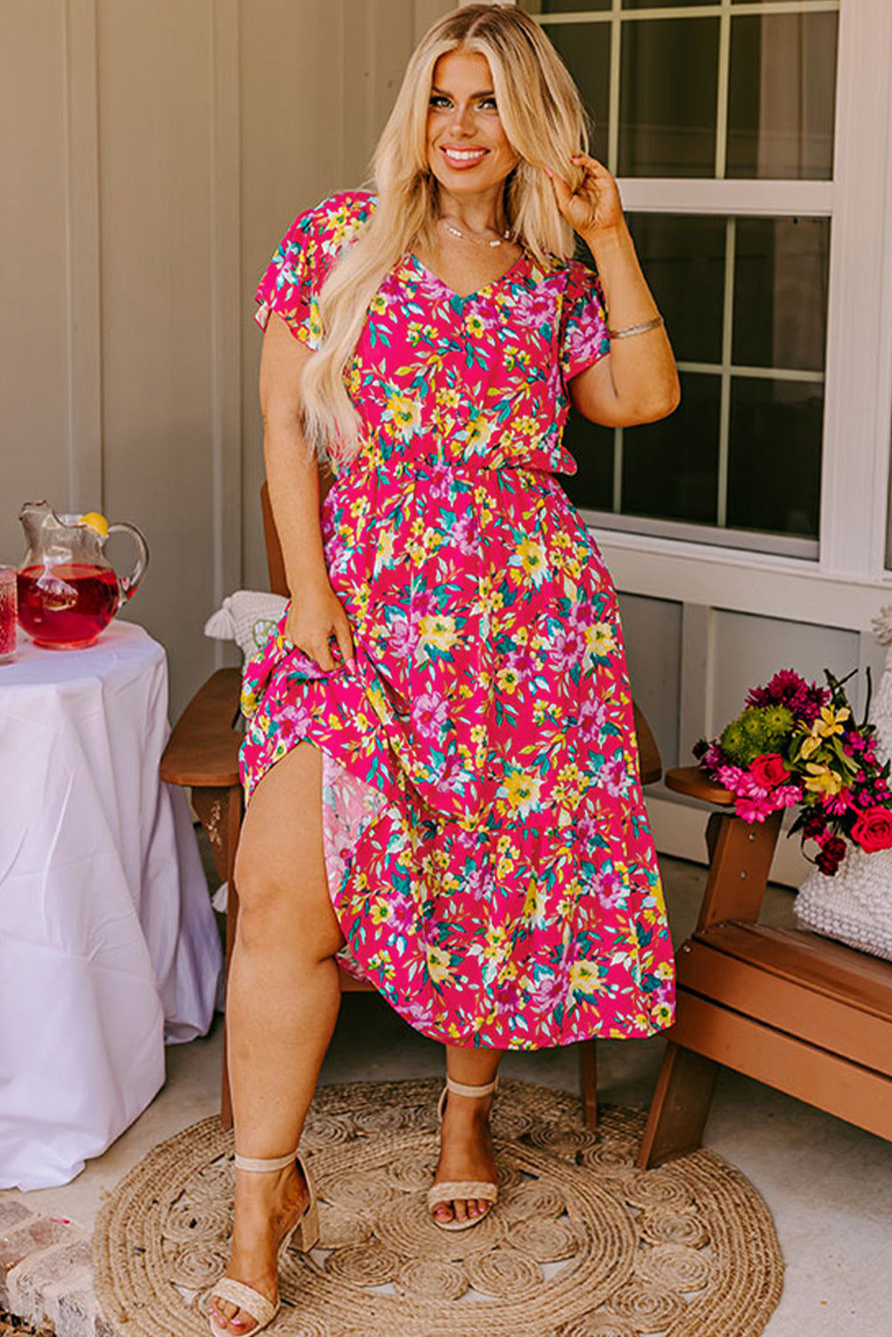 Pink Floral Print V Neck Pocketed High Waist Plus Size Midi Dress Plus Size Midi Dresses JT's Designer Fashion