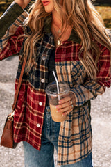 Red Mixed Plaid Patchwork Retro Shacket Plaid Shackets JT's Designer Fashion