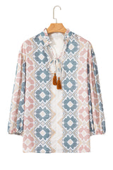 Khaki Geometric Print Tassel Tie Split Neck Balloon Sleeve Blouse Blouses & Shirts JT's Designer Fashion