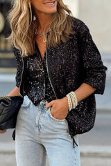 Black Sequin Zip up Round Neck Long Sleeve Jacket Black 95%Polyester+5%Elastane Jackets JT's Designer Fashion