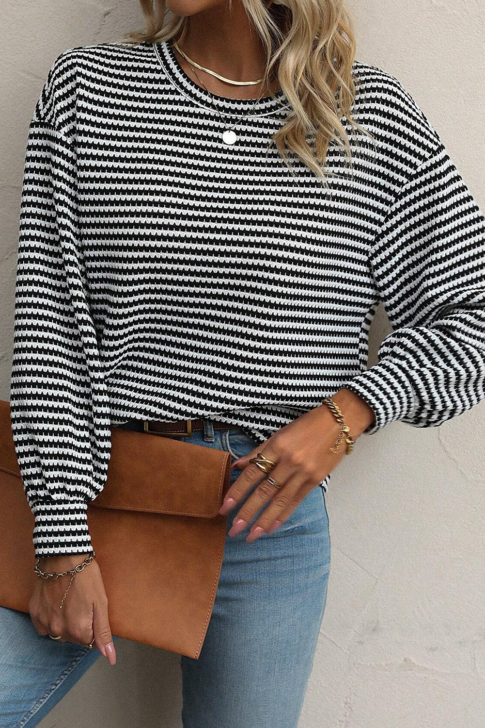 Black Stripe Round Neck Drop Shoulder Long Sleeve Top Long Sleeve Tops JT's Designer Fashion
