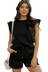 Black Textured Ruffled Sleeve Tee and Drawstring Elastic Waistband Shorts Set Short Sets JT's Designer Fashion
