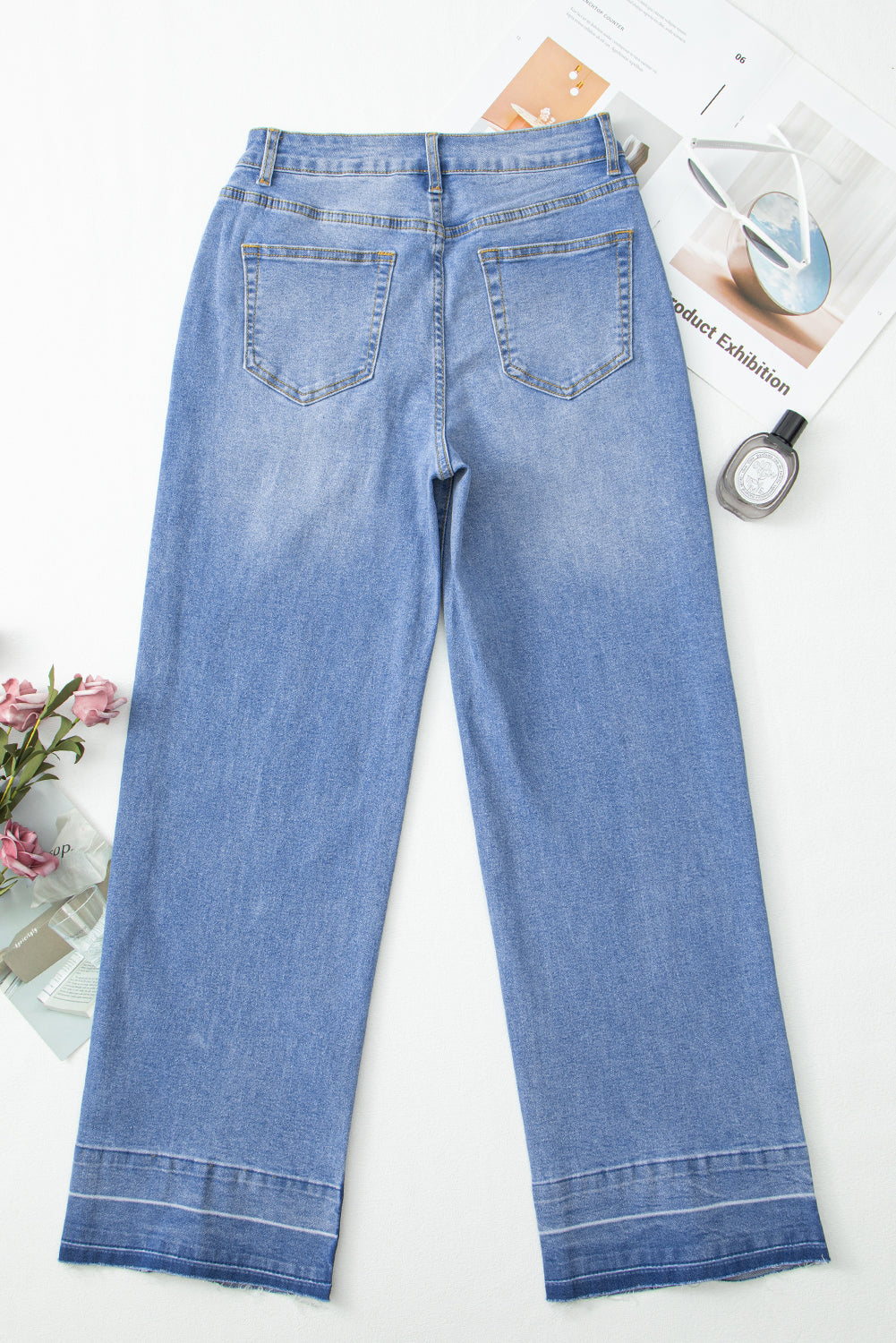 Dusk Blue Raw Hem Unique Cuffs Straight High Rise Loose Jeans Jeans JT's Designer Fashion