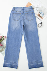 Dusk Blue Raw Hem Unique Cuffs Straight High Rise Loose Jeans Jeans JT's Designer Fashion