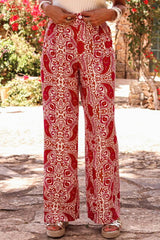 Red Paisley Printed Buttoned High Waist Straight Leg Pants Pants & Culotte JT's Designer Fashion