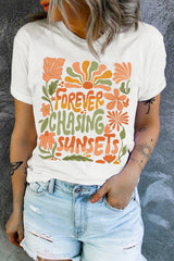 White FOREVER CHASING SUNSETS Floral Print T Shirt Graphic Tees JT's Designer Fashion