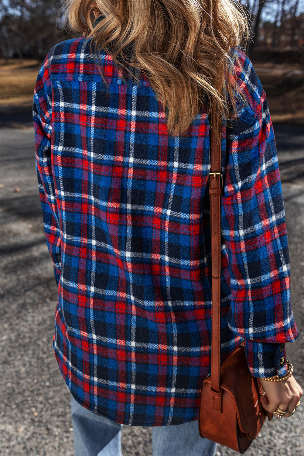 Navy Blue Plaid Flap Pocket Button Up Shacket Plaid Shackets JT's Designer Fashion