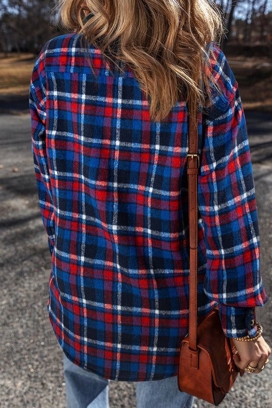 Navy Blue Plaid Flap Pocket Button Up Shacket Plaid Shackets JT's Designer Fashion