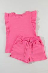 Bonbon Textured Ruffled Sleeve Tee and Drawstring Elastic Waistband Shorts Set Short Sets JT's Designer Fashion