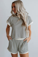 White Stripe Contrast Edge Tee and Shorts Set Short Sets JT's Designer Fashion