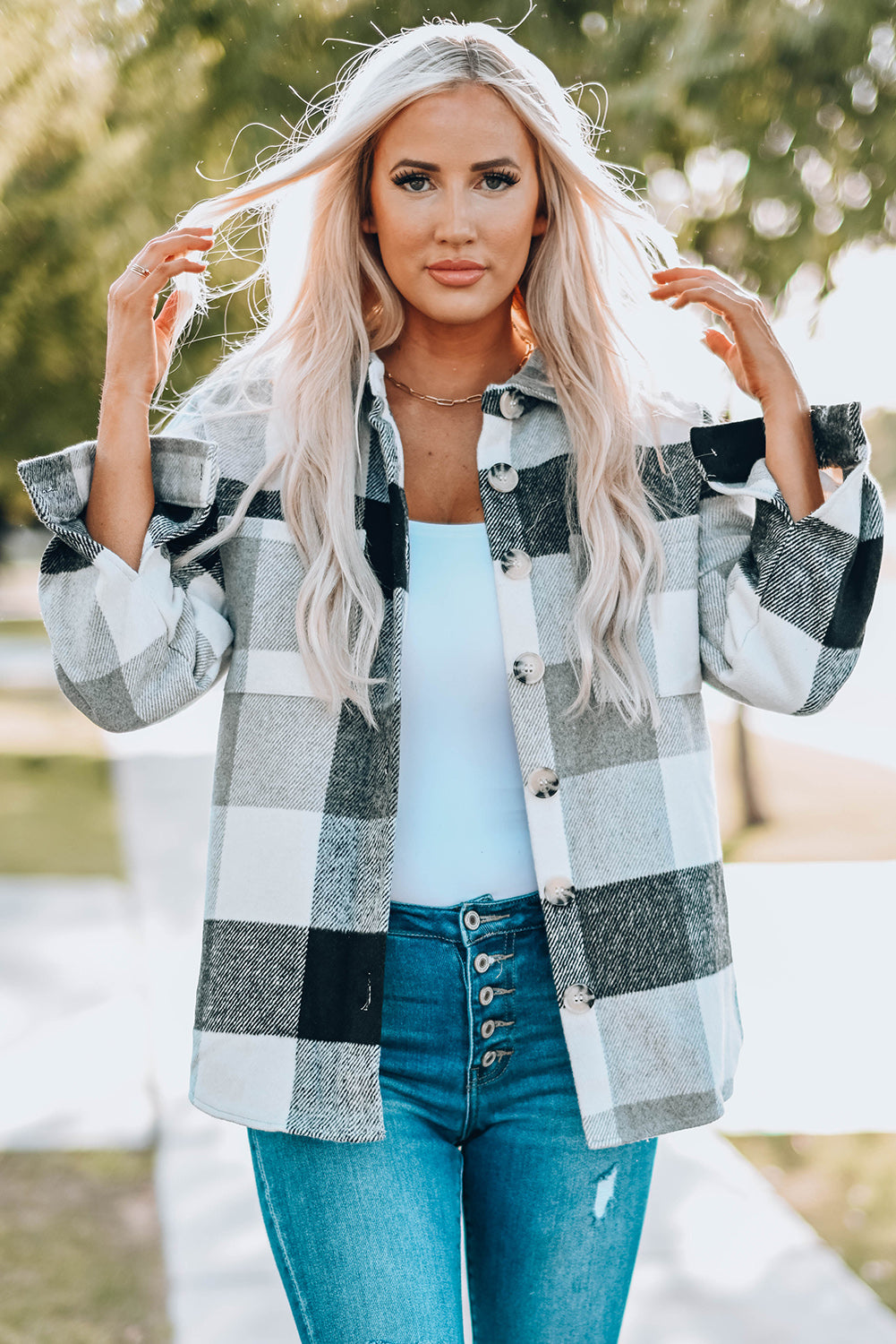 Gray Plaid Color Block Buttoned Long Sleeve Jacket with Pocket Plaid Shackets JT's Designer Fashion