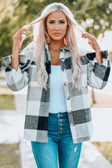 Gray Plaid Color Block Buttoned Long Sleeve Jacket with Pocket Plaid Shackets JT's Designer Fashion