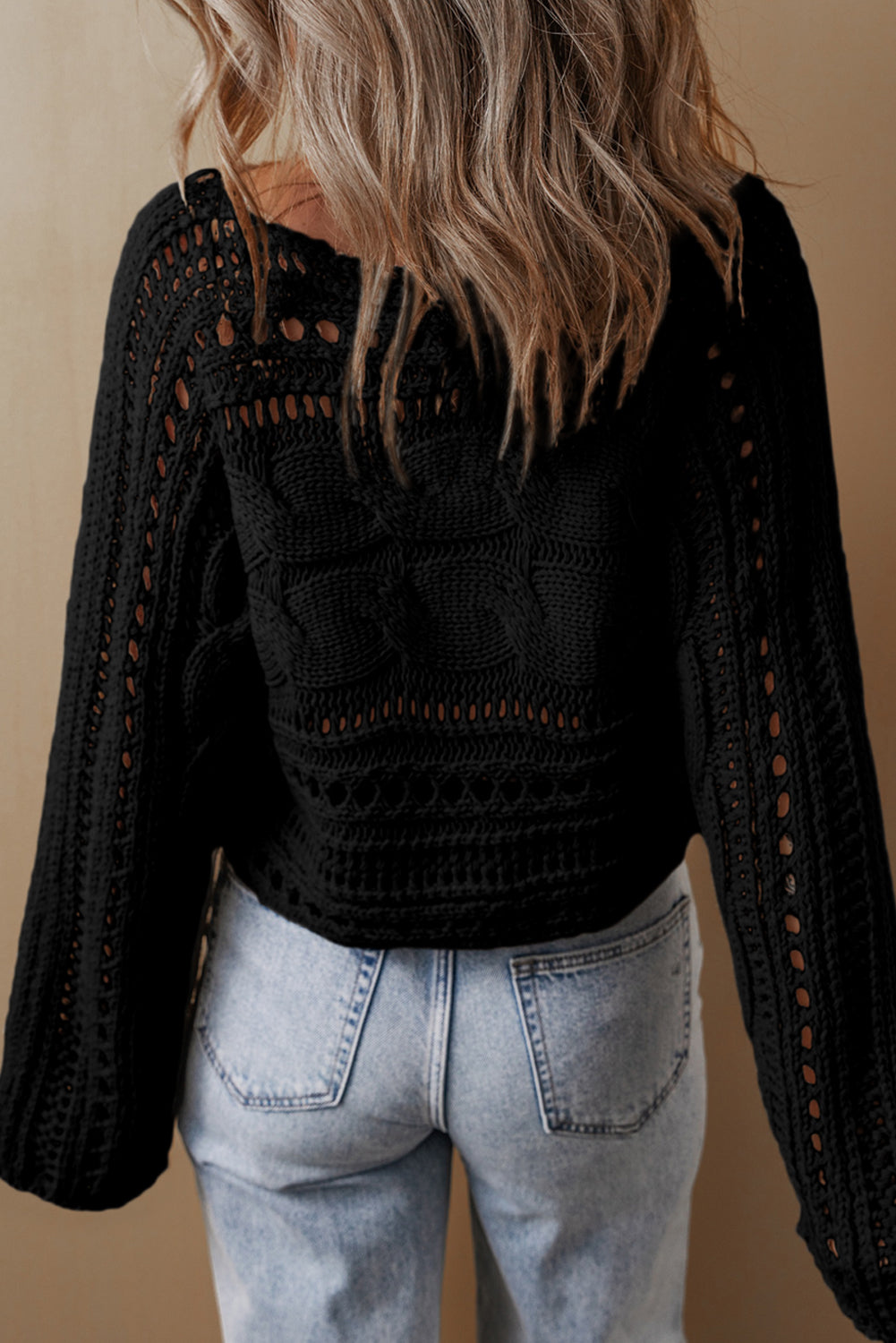 Black Hollow-out Cable Knit Cropped Sweater Sweaters JT's Designer Fashion