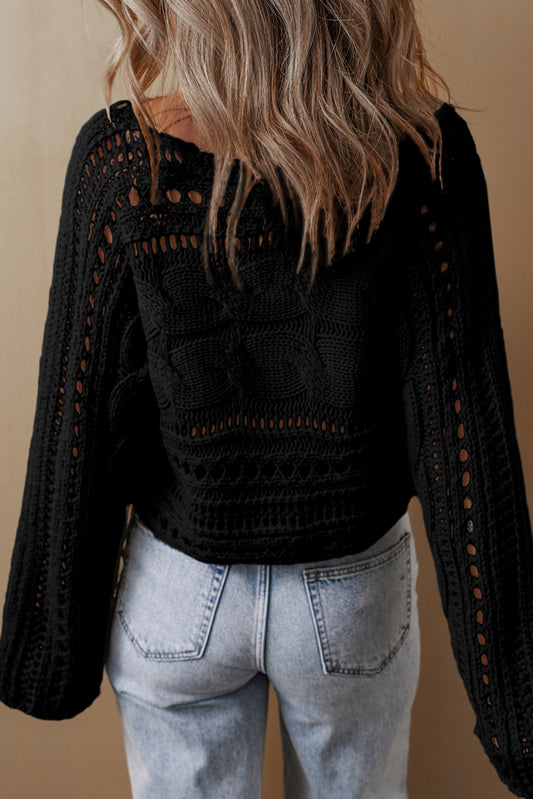 Black Hollow-out Cable Knit Cropped Sweater Sweaters JT's Designer Fashion