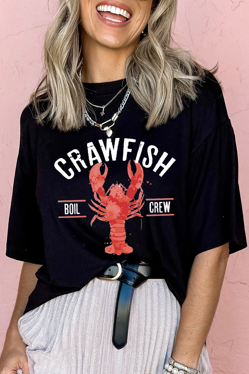 Black CRAWFISH BOIL CREW Distressed Letter Graphic T Shirt Graphic Tees JT's Designer Fashion
