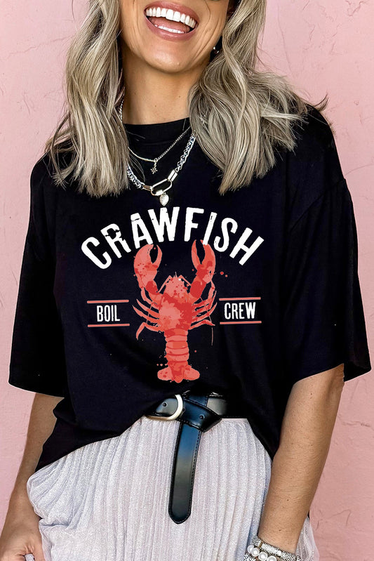 Black CRAWFISH BOIL CREW Distressed Letter Graphic T Shirt Graphic Tees JT's Designer Fashion