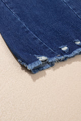 Sail Blue High Rise Dual Button Distressed Raw Hem Flared Jeans Jeans JT's Designer Fashion