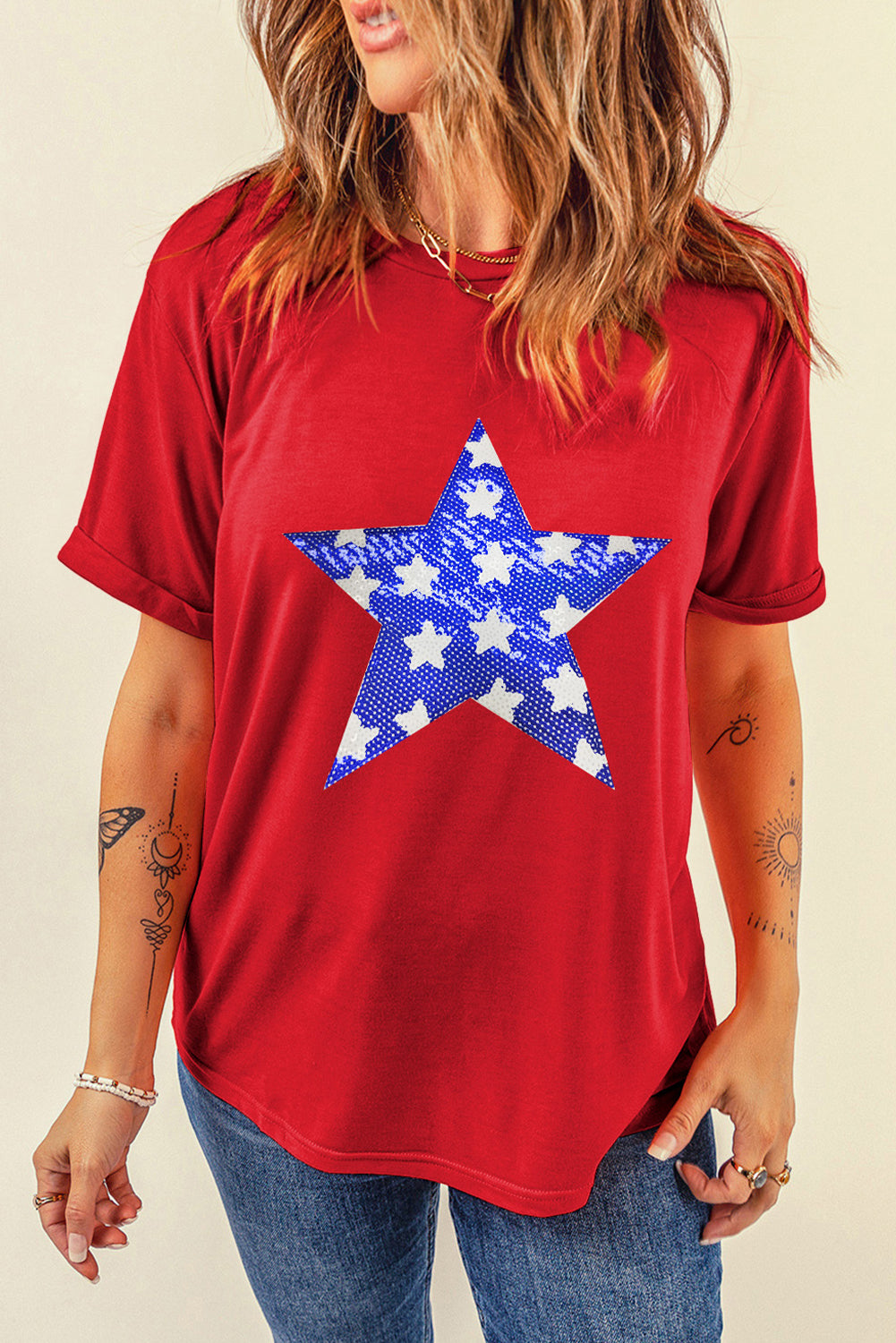 Red Sequin Star Graphic Crewneck T Shirt Graphic Tees JT's Designer Fashion