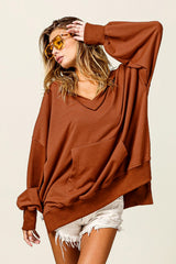 Chestnut V Neck Kangaroo Pocket Oversized Hoodie Sweatshirts & Hoodies JT's Designer Fashion