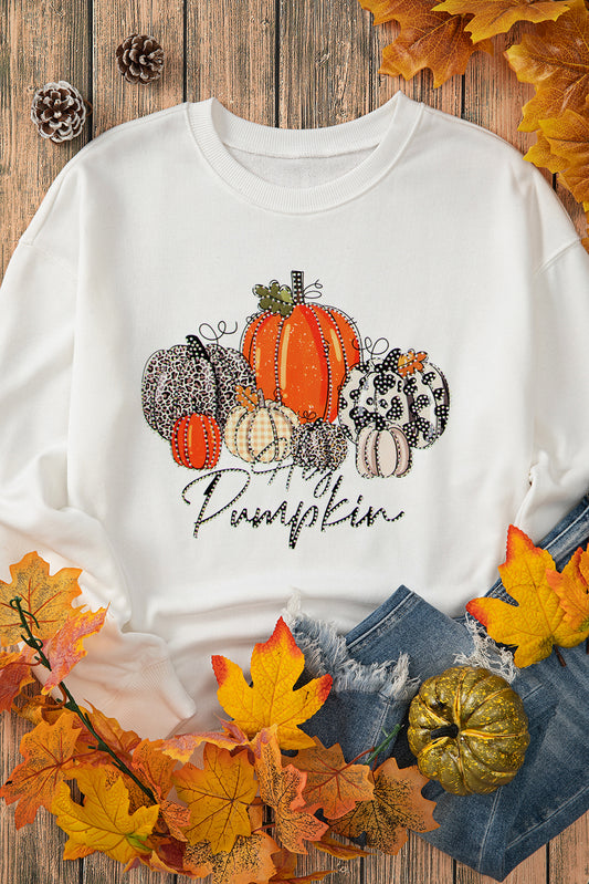 Beige Rhinestone Pumpkin Graphic Crewneck Thanksgiving Sweatshirt Graphic Sweatshirts JT's Designer Fashion
