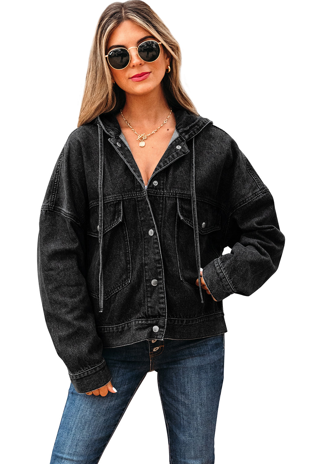 Black Big Chest Pocket Drop Shoulder Hooded Denim Jacket Denim Jackets JT's Designer Fashion