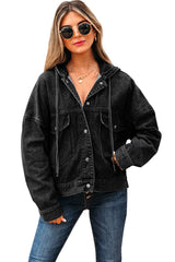 Black Big Chest Pocket Drop Shoulder Hooded Denim Jacket Denim Jackets JT's Designer Fashion