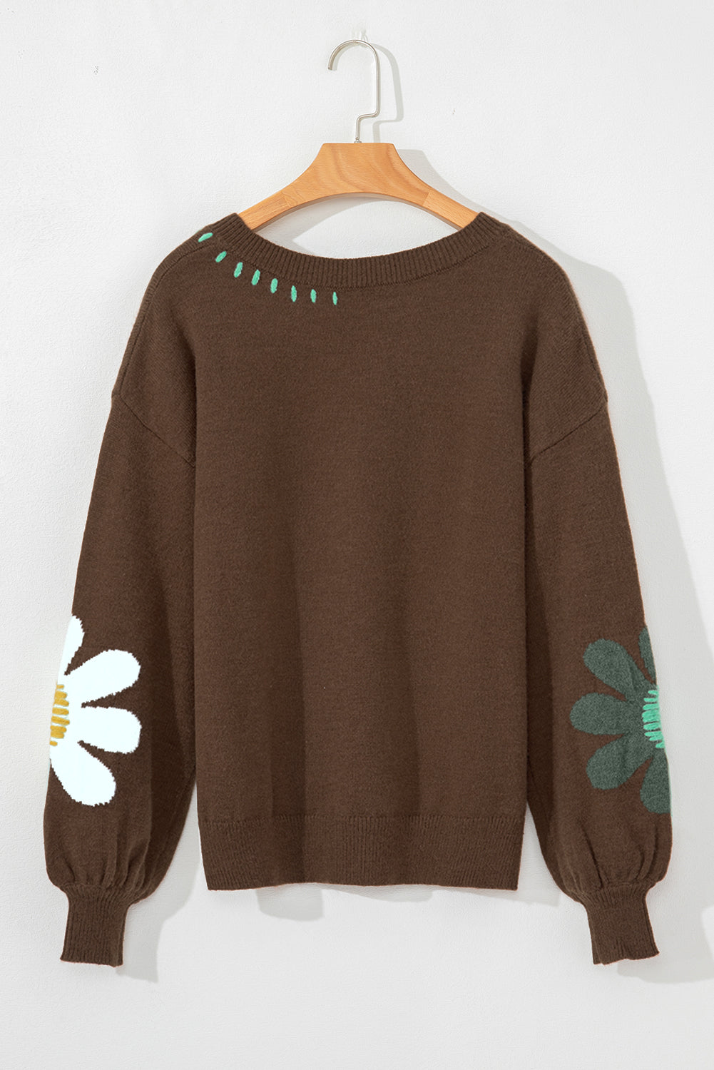 Coffee Big Flower Pattern V Neck Drop Shoulder Sweater Sweaters JT's Designer Fashion