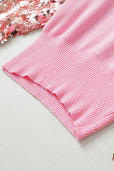 Pink Contrast Sequin Sleeve V Neck Ribbed Knit Sweater Sweaters & Cardigans JT's Designer Fashion
