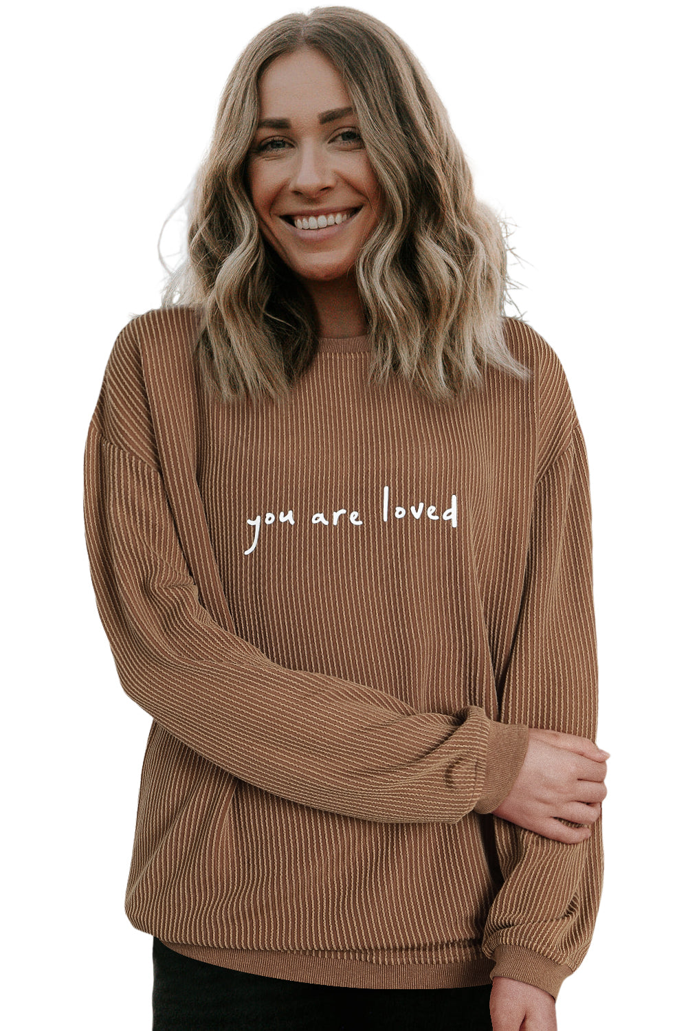 Khaki You Are Loved Print Corduroy Sweatshirt Sweatshirts & Hoodies JT's Designer Fashion