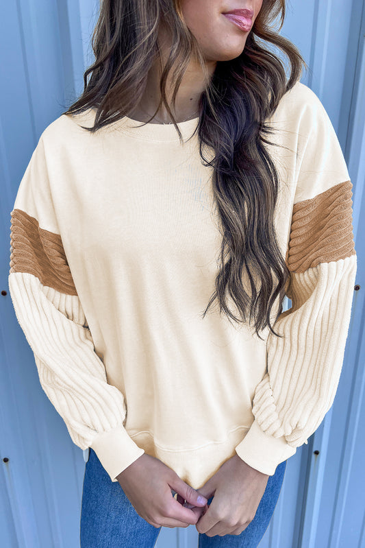 Apricot Corduroy Patchwork Drop Shoulder Long Sleeve Sweatshirt Sweatshirts & Hoodies JT's Designer Fashion
