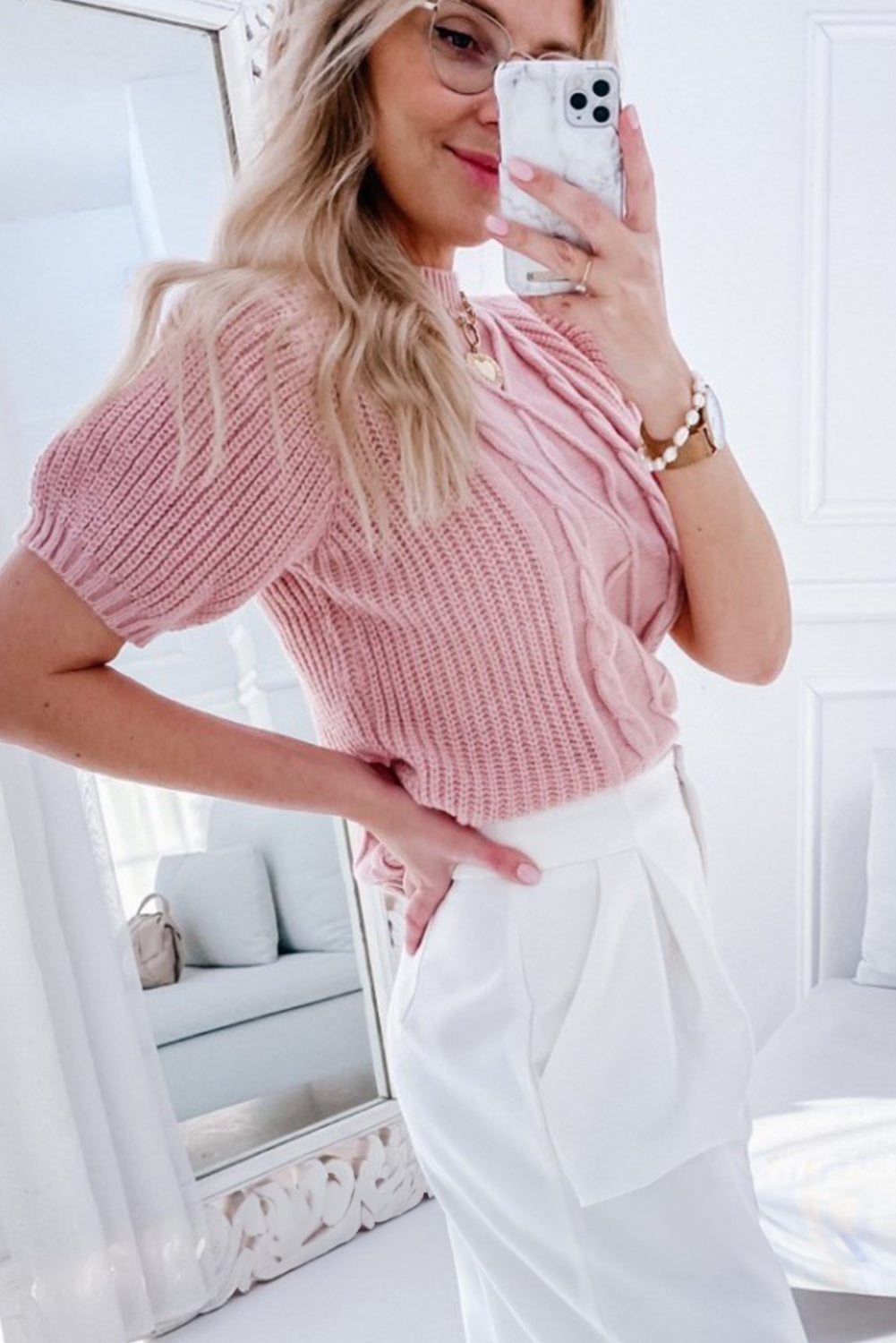 Pink Twist Knit Slim Fit Short Sleeve Sweater Sweaters & Cardigans JT's Designer Fashion