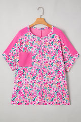 Pink Plus Size Floral Print Corded Patchwork Loose Top Plus Size Tops & Tees JT's Designer Fashion