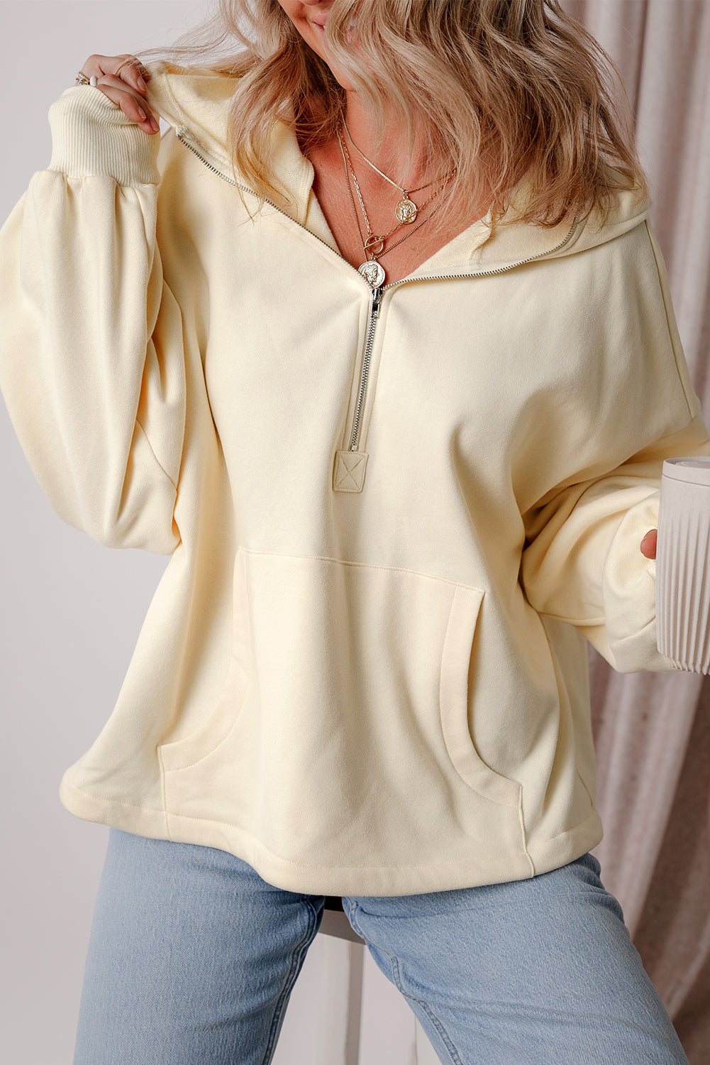 Beige Fleece Lined Half Zipper Kangaroo Pockets Loose Hoodie Sweatshirts & Hoodies JT's Designer Fashion