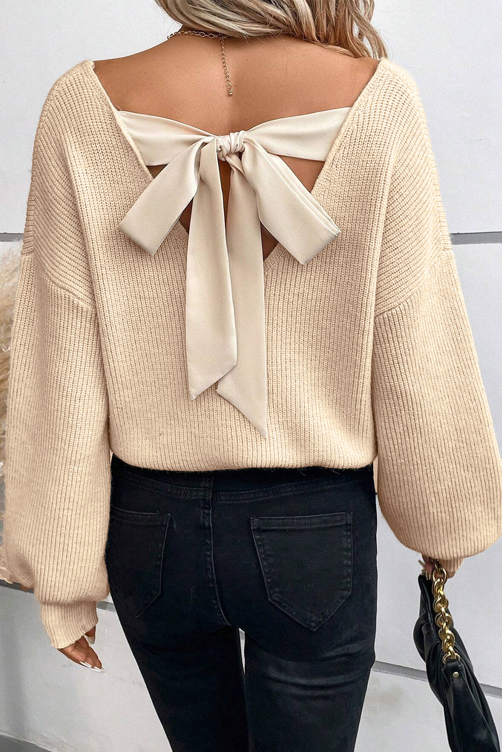 Apricot Lantern Sleeve V Neck Knot Back Sweater Sweaters JT's Designer Fashion