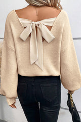 Apricot Lantern Sleeve V Neck Knot Back Sweater Sweaters JT's Designer Fashion