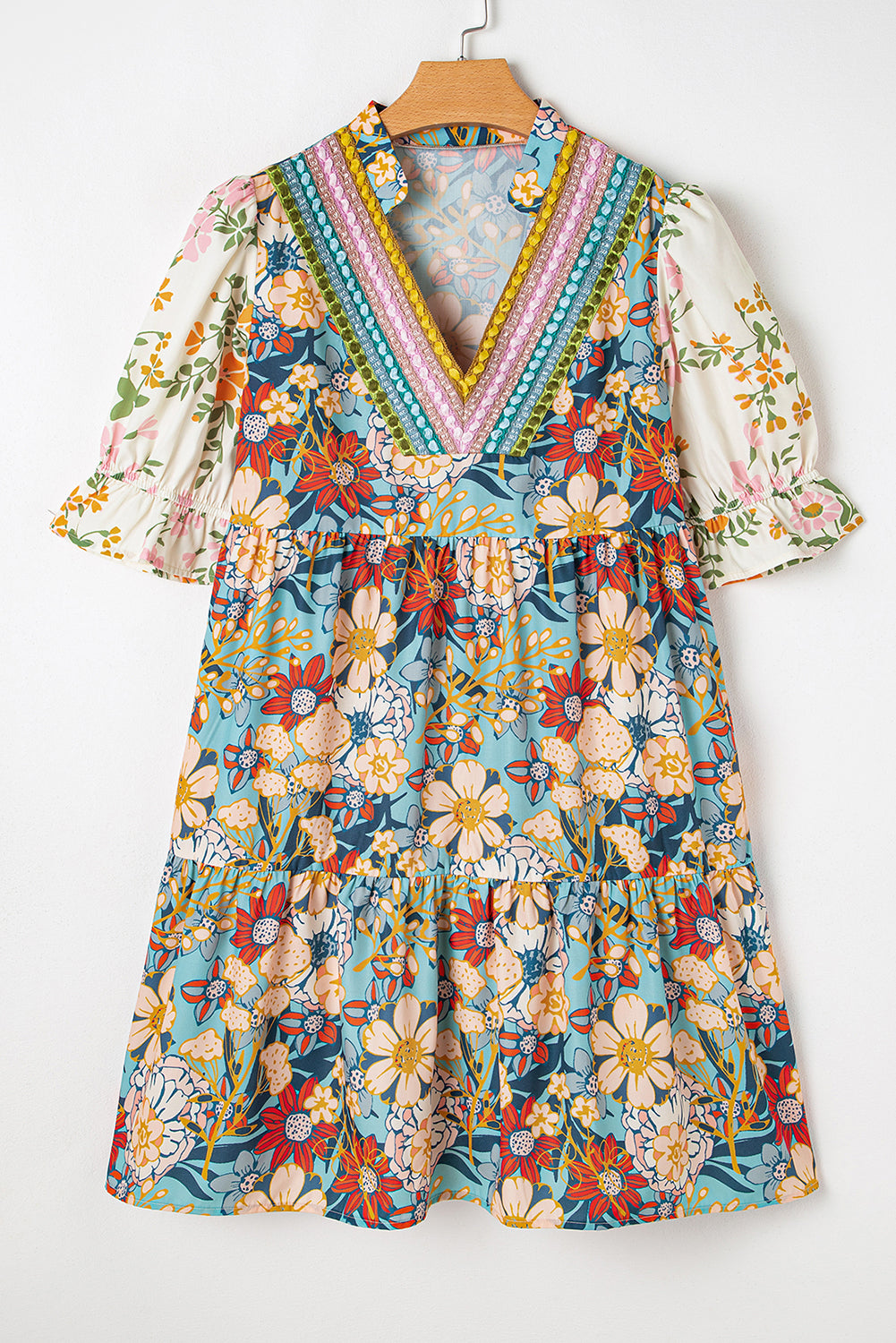 Multicolour Boho Floral Print Crochet Patchwork V Neck Loose Mini Dress Mini Dresses JT's Designer Fashion