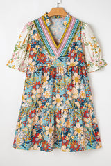 Multicolour Boho Floral Print Crochet Patchwork V Neck Loose Mini Dress Mini Dresses JT's Designer Fashion