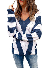Blue Striped Colorblock V Neck Knitted Sweater Sweaters & Cardigans JT's Designer Fashion