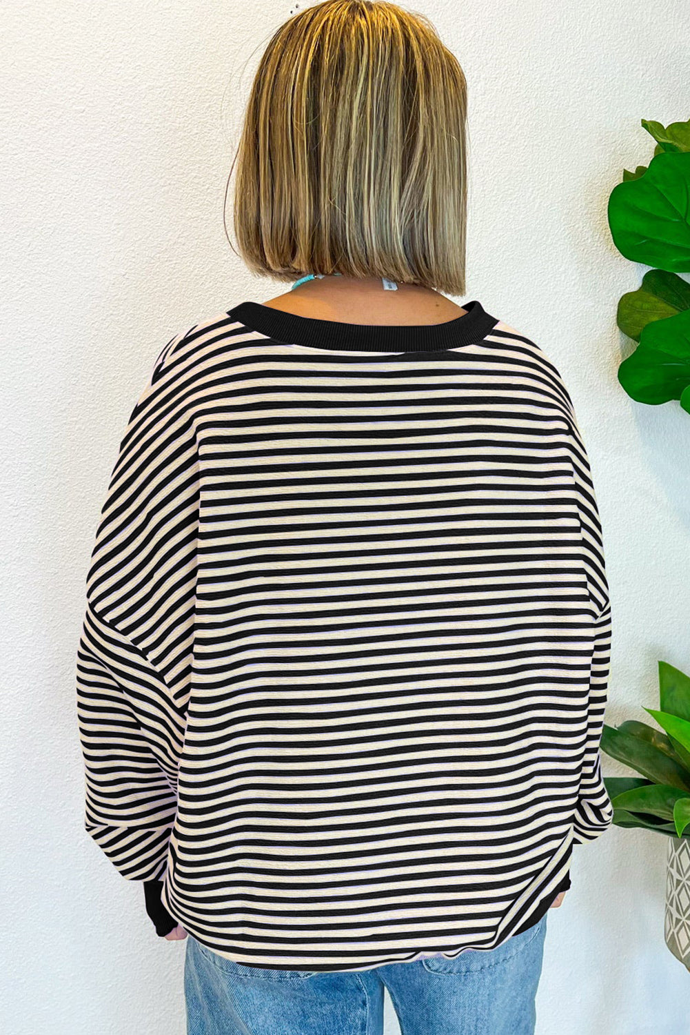 Black Stripe Loose Drop Shoulder Long Sleeve Top Long Sleeve Tops JT's Designer Fashion