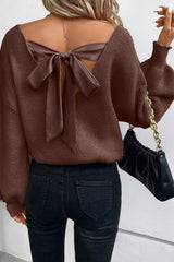 Coffee Lantern Sleeve V Neck Knot Back Sweater Coffee 50%Viscose+28%Polyester+22%Polyamide Sweaters JT's Designer Fashion