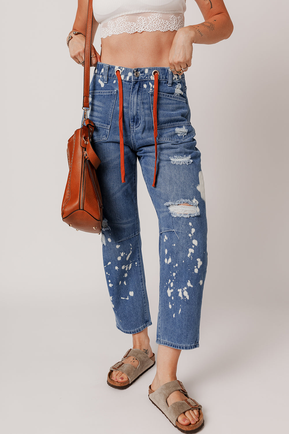 Ashleigh Blue Ripped Splattering Paint Rope Waist Cropped Straight Jeans Ashleigh Blue 93%Cotton+5%polyester+2%Elastane Jeans JT's Designer Fashion