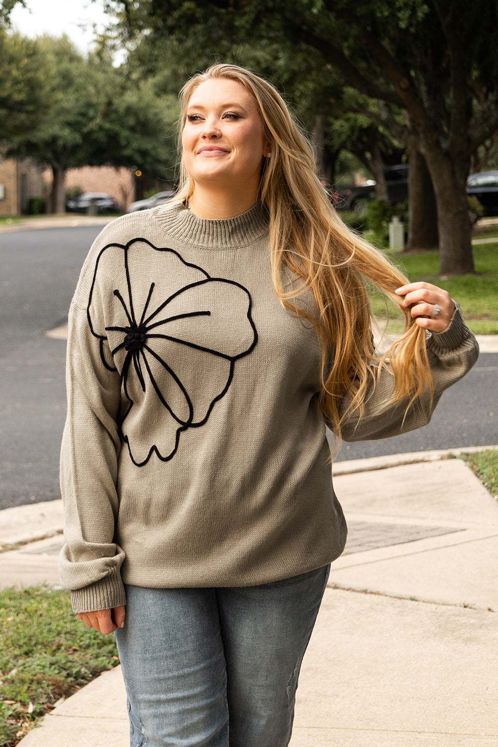 Dark Khaki Plus Size Big Flower Pattern High Neck Drop Shoulder Sweater Dark Khaki 100%Acrylic Plus Size Sweaters & Cardigans JT's Designer Fashion