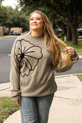 Dark Khaki Plus Size Big Flower Pattern High Neck Drop Shoulder Sweater Dark Khaki 100%Acrylic Plus Size Sweaters & Cardigans JT's Designer Fashion
