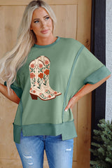 Smoke Green Floral Boots Printed Raw Seam Mix Texture Patchwork Tee Graphic Tees JT's Designer Fashion