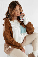 Khaki Mix Textured Knit Colorblock Patchwork Sweater Sweaters JT's Designer Fashion
