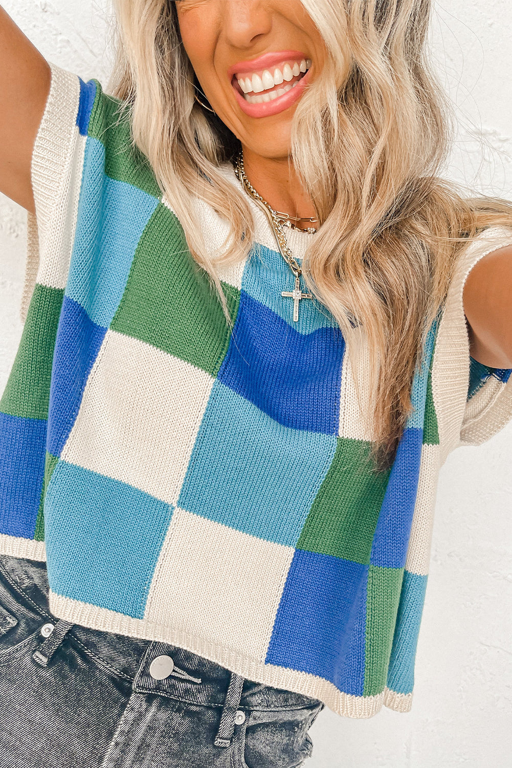 Dark Blue Check The Facts Color Block Sweater-Green Sweaters & Cardigans JT's Designer Fashion