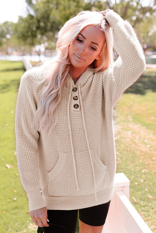Apricot Waffle Knit Buttons Hooded Sweater with Pocket Sweaters & Cardigans JT's Designer Fashion