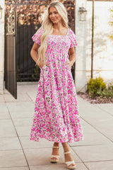 Pink Dainty Floral Smocked Puff Sleeve Flowy Long Dress Pink 100%Polyester Maxi Dresses JT's Designer Fashion
